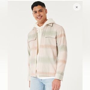 Hollister Twill Shacket Beige Cream Green Plaid Mens Size Large